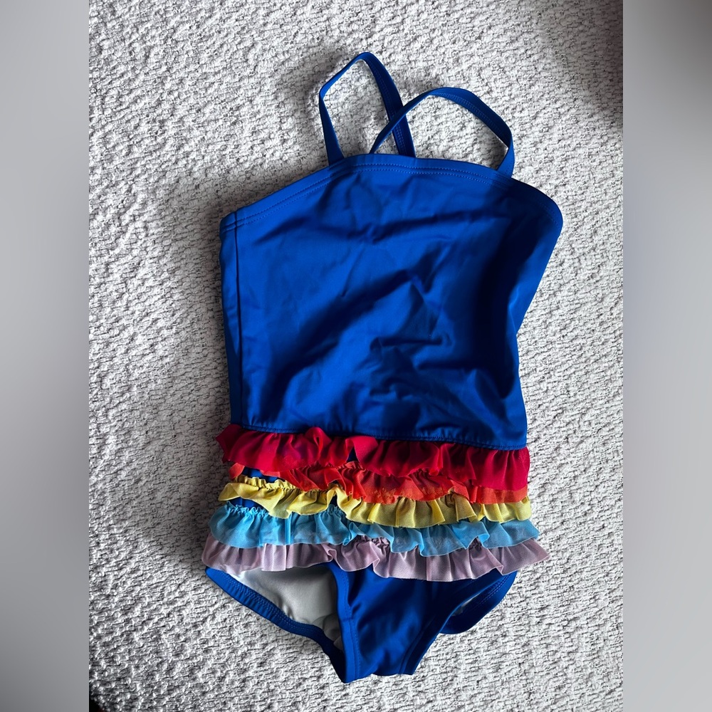 Hanna Andersson Blue One Piece with Rainbow Ruffles